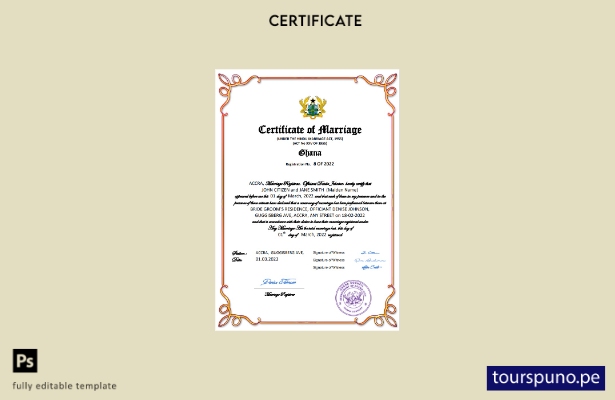 listo para imprimir certificado de matrimonio de Ghana Plantilla en Word y PDF